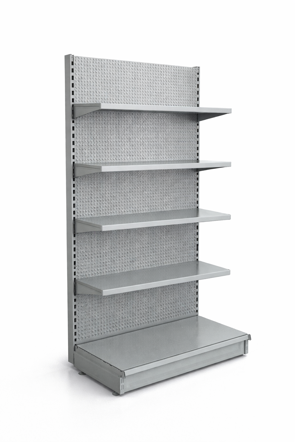 Rayonnage métallique autoportant avec tablettes et fond perforé